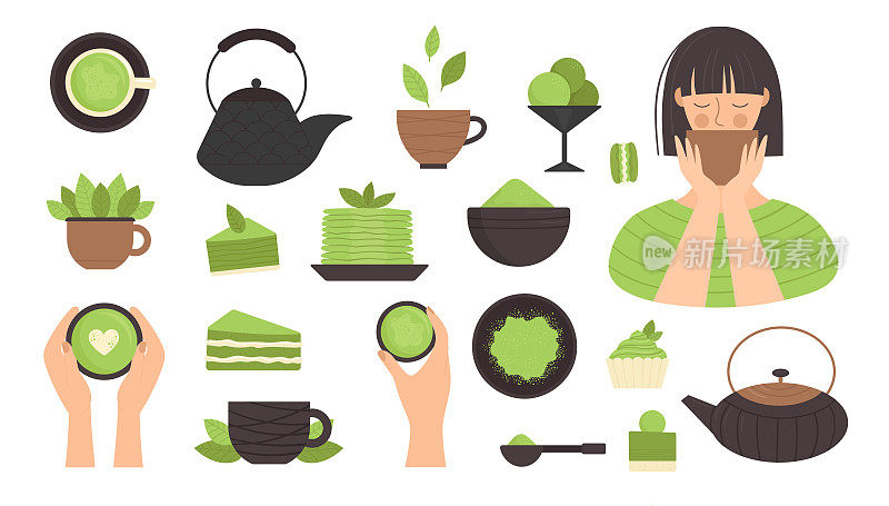 Matcha tea, set of elements. Japanese traditional tea ceremony. Green tea, healthy food, desserts, cups, teapots. Illustration in flat style